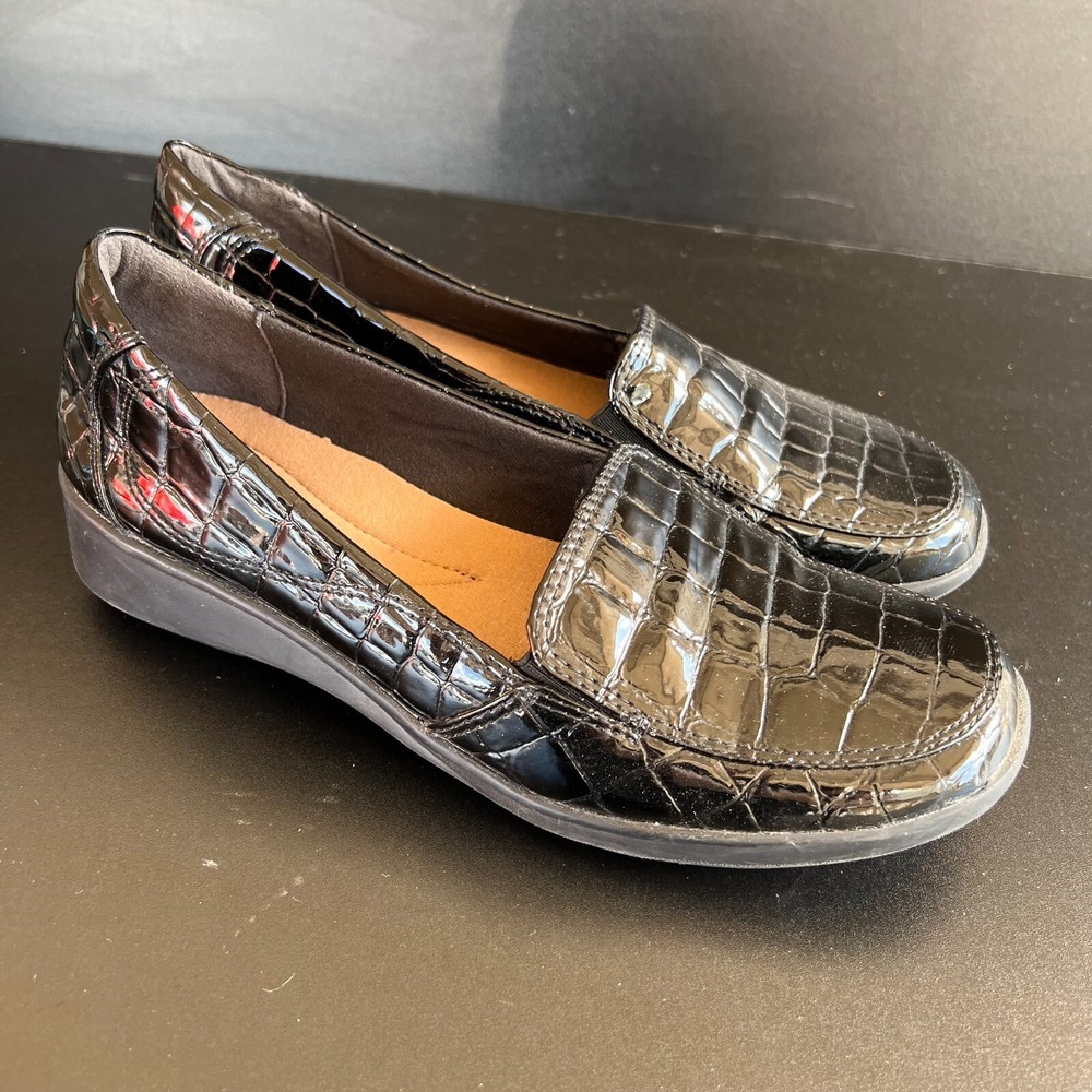 Clarks Gael Feline Shoes Women Size US 8.5M Black Leather Patent Crocodile Print